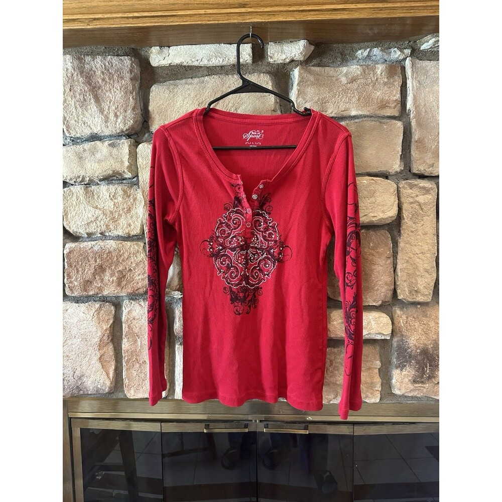 Grunge Y2K Rhinestone Henley Ribbed Long Sleeve Button Red Top Style&Co Womens L
